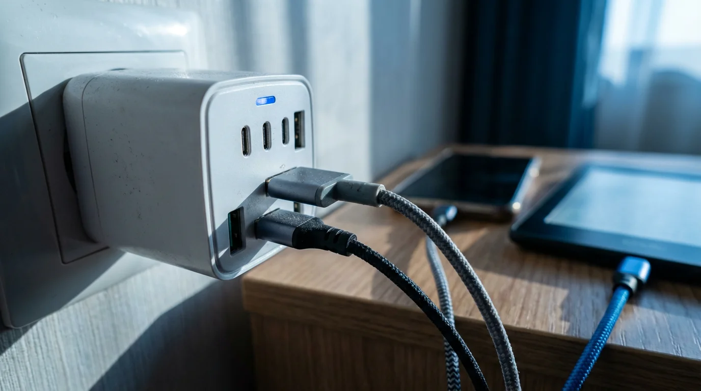 Close-up macro of a travel charging hub with multiple cables at dusk.