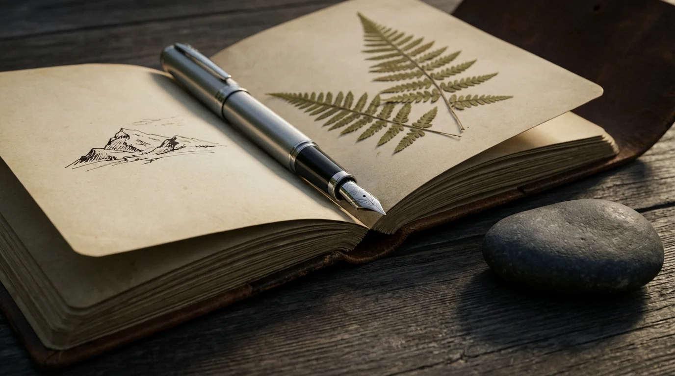Close-up macro of a travel journal with a mountain sketch and pressed ferns.