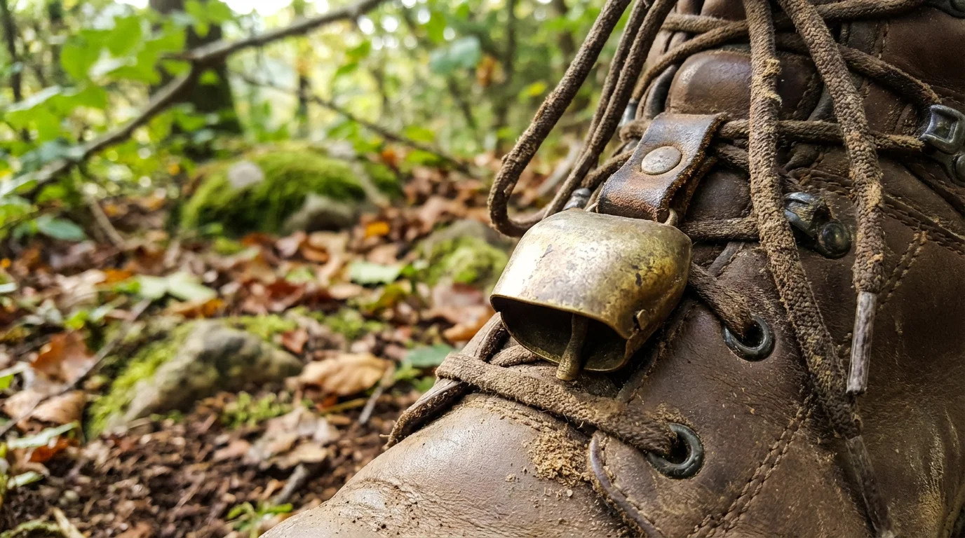 Close-up macro photo of a brass bear bell on a dusty hiking boot.