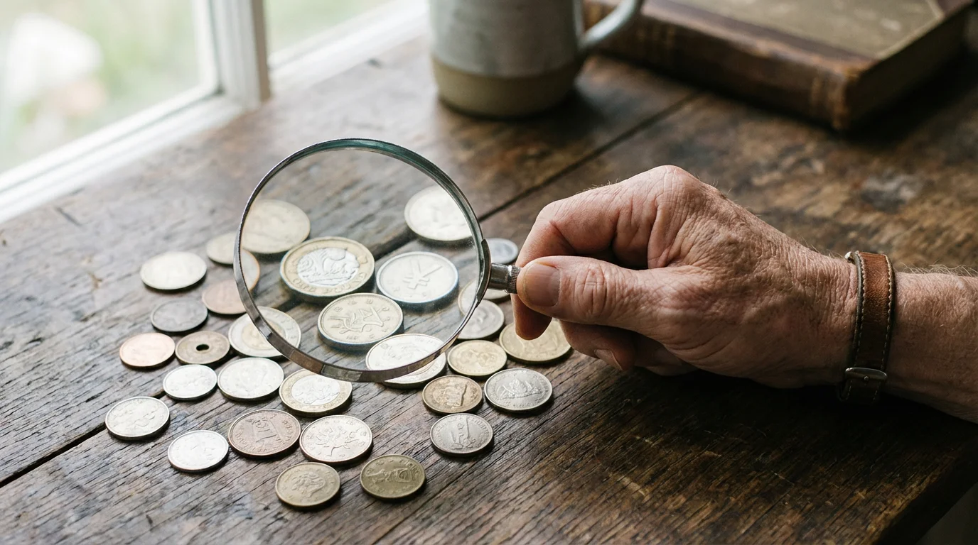 Close-up macro photo of a hand holding a magnifying glass over various international coins.