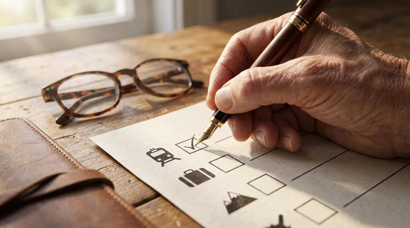 Close-up macro photo of a senior's hand checking an icon-based travel checklist.