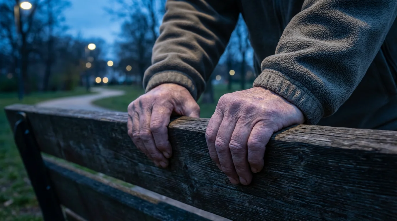 Close-up macro photo of a senior's hands gripping a park bench during evening exercise.