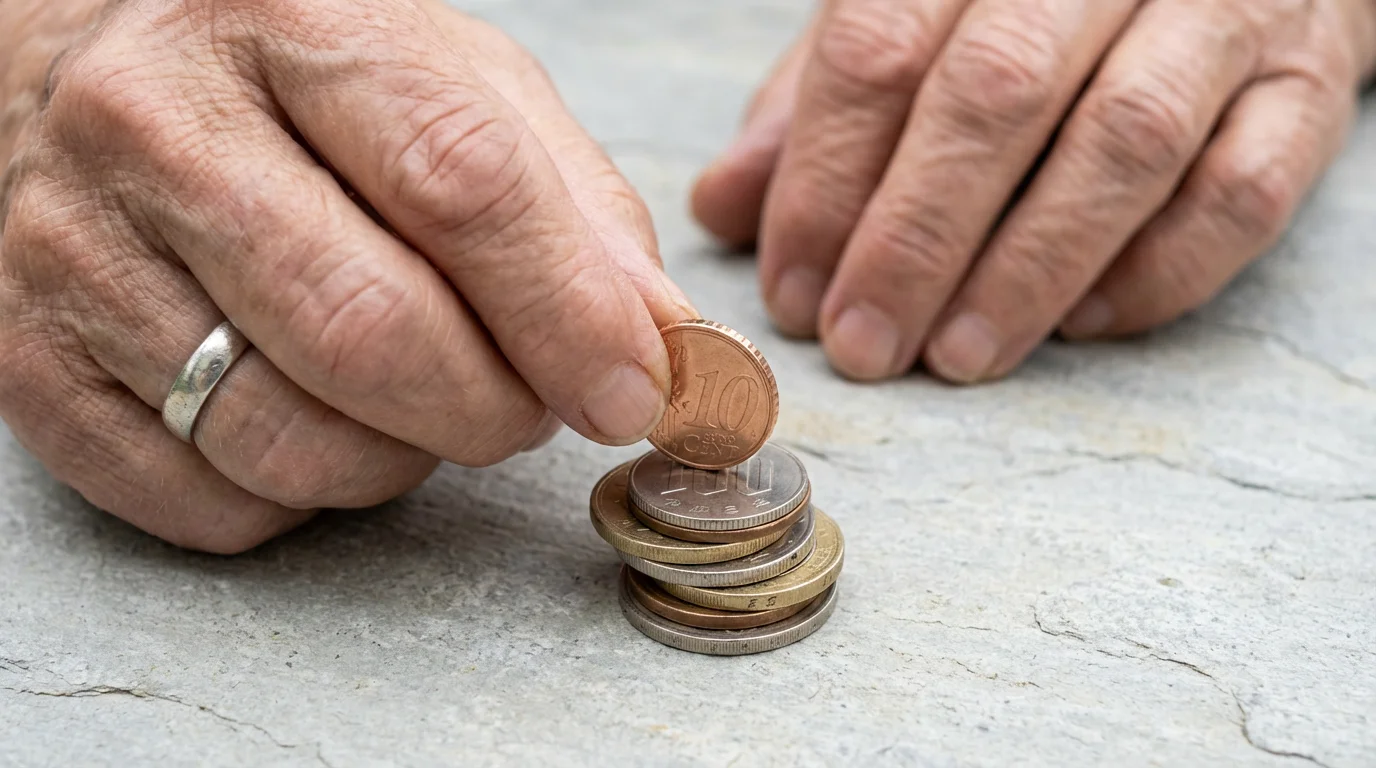 Close-up macro photo of a senior's hands stacking various international coins for budgeting.