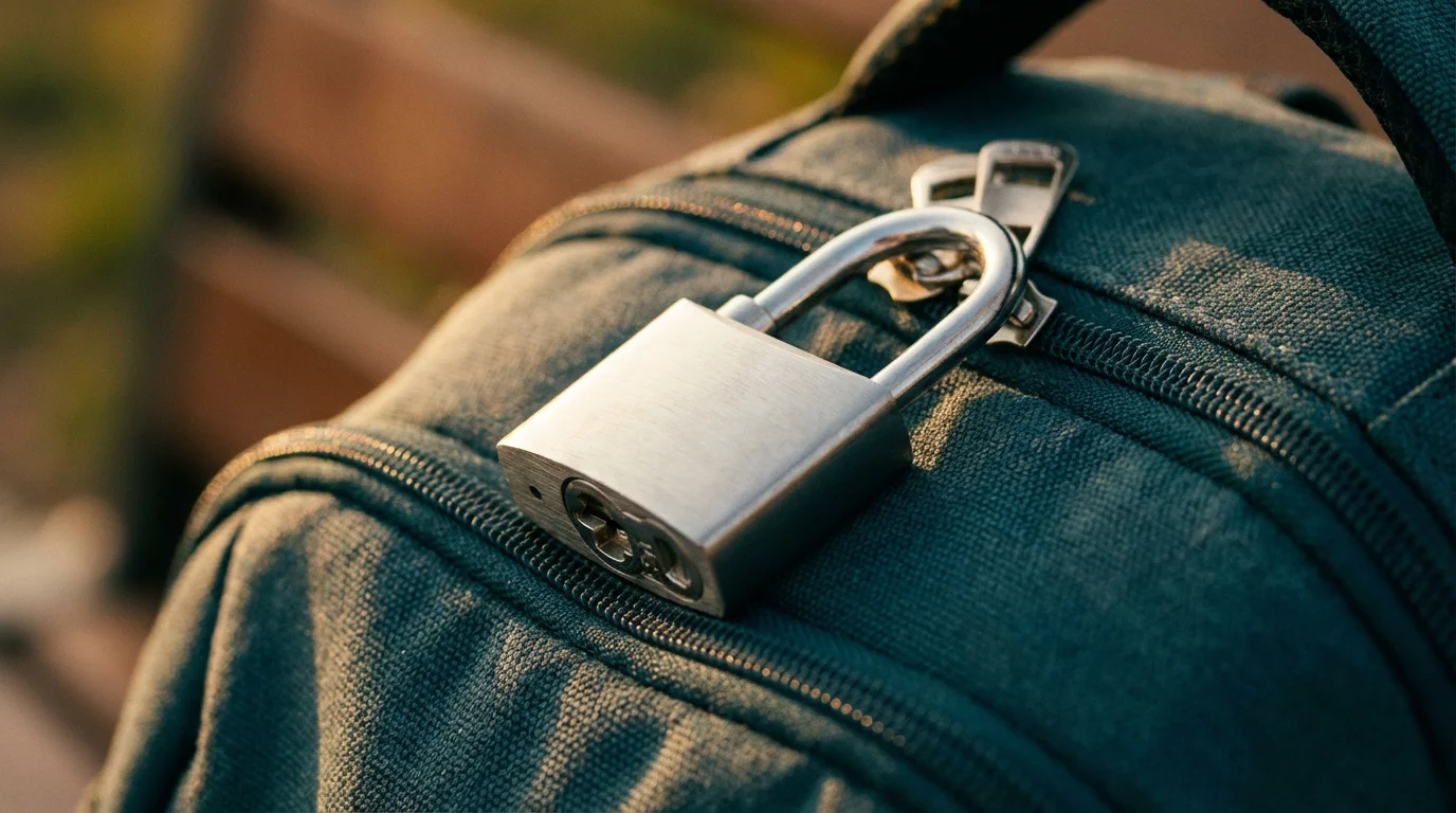 Close-up macro photo of a silver travel padlock securing a backpack during golden hour.