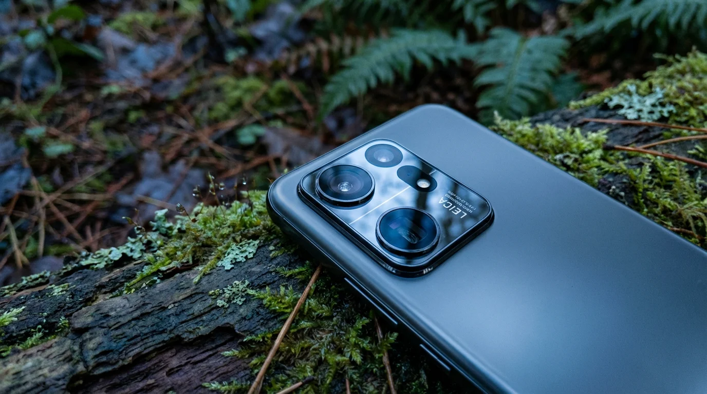 Close-up macro photo of a smartphone camera lens resting on a mossy log at dusk.