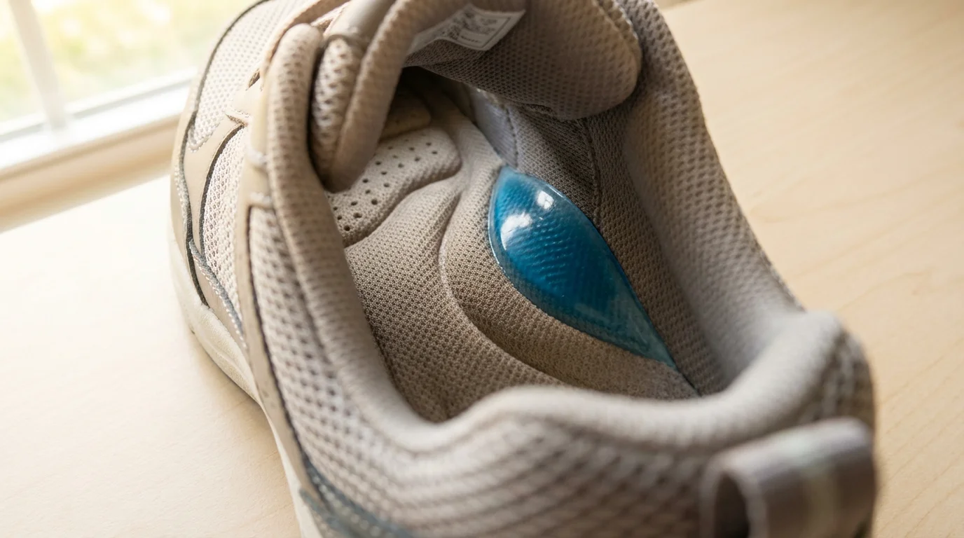 Close-up macro photo of a supportive orthopedic insole inside a new walking shoe.