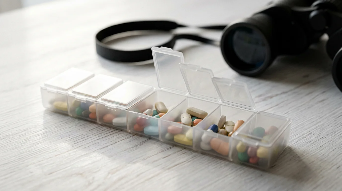 Close-up macro photo of a travel pill organizer and binoculars on a wooden surface.