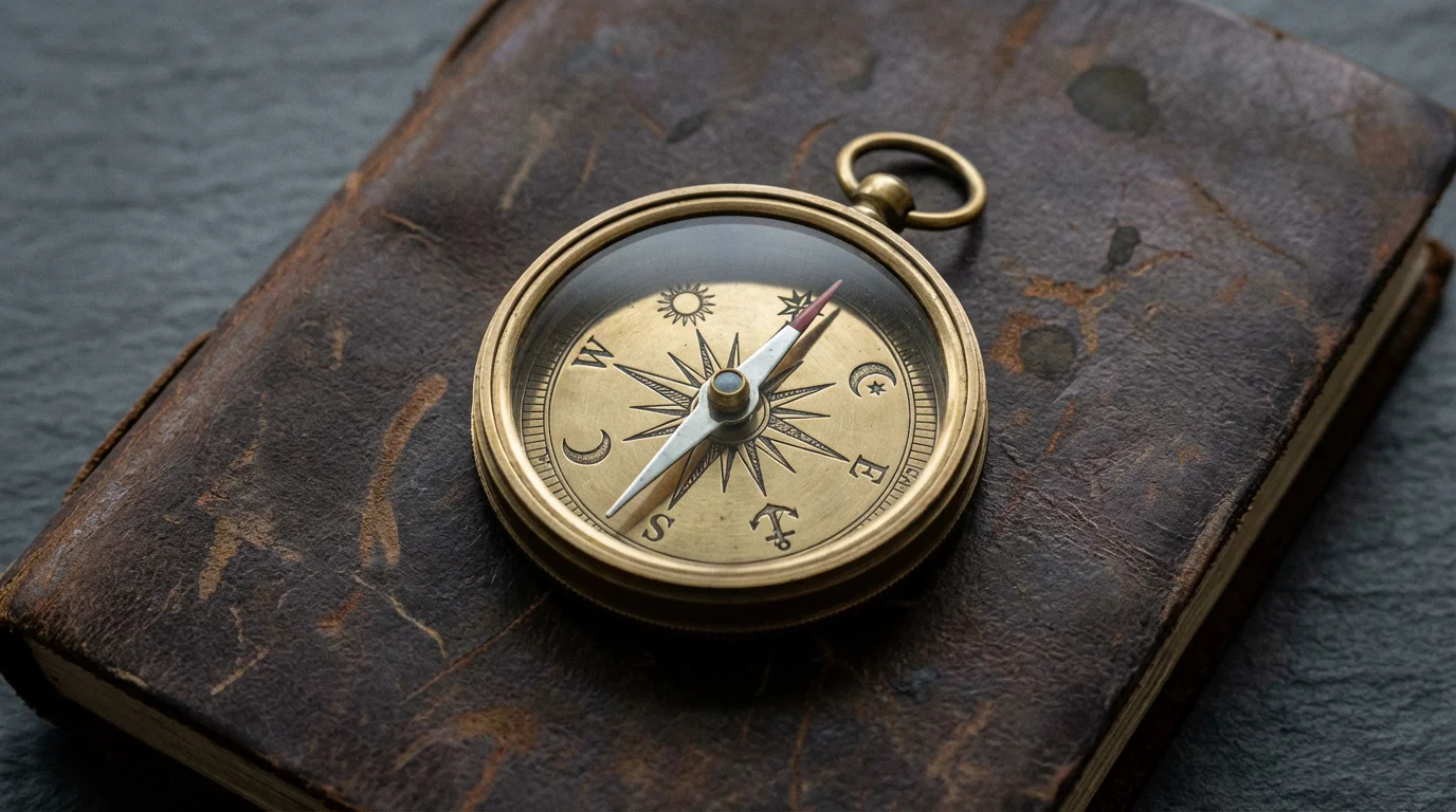 Close-up macro photo of a vintage brass compass on a dark leather-bound travel journal.