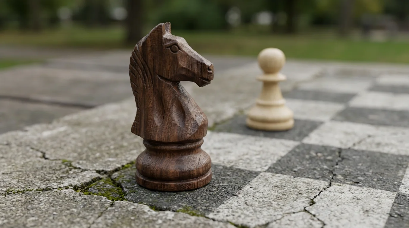 Close-up macro photo of a wooden chess piece on a concrete park table.