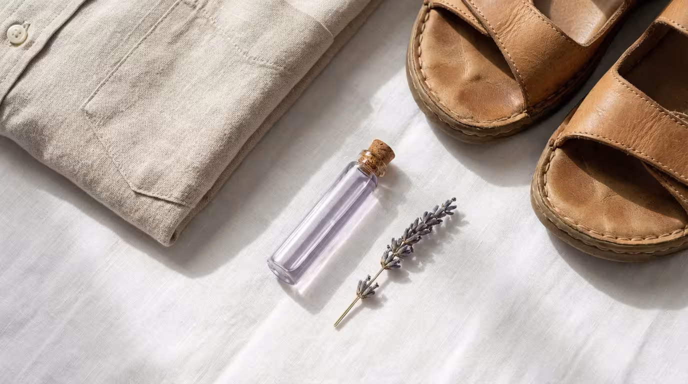 Close-up macro photo of packing essentials: a linen shirt, leather sandal, and lavender.