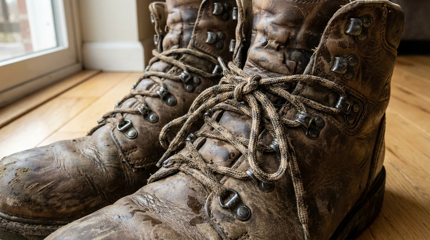 Close-up macro photo of securely tied laces on a weathered leather hiking boot.