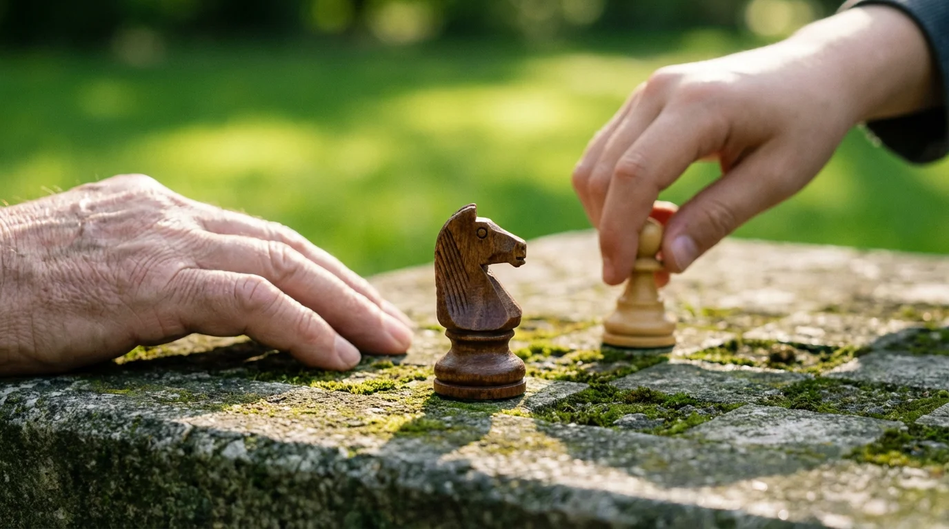 Close-up macro photo of two people playing chess on a stone table in a park.
