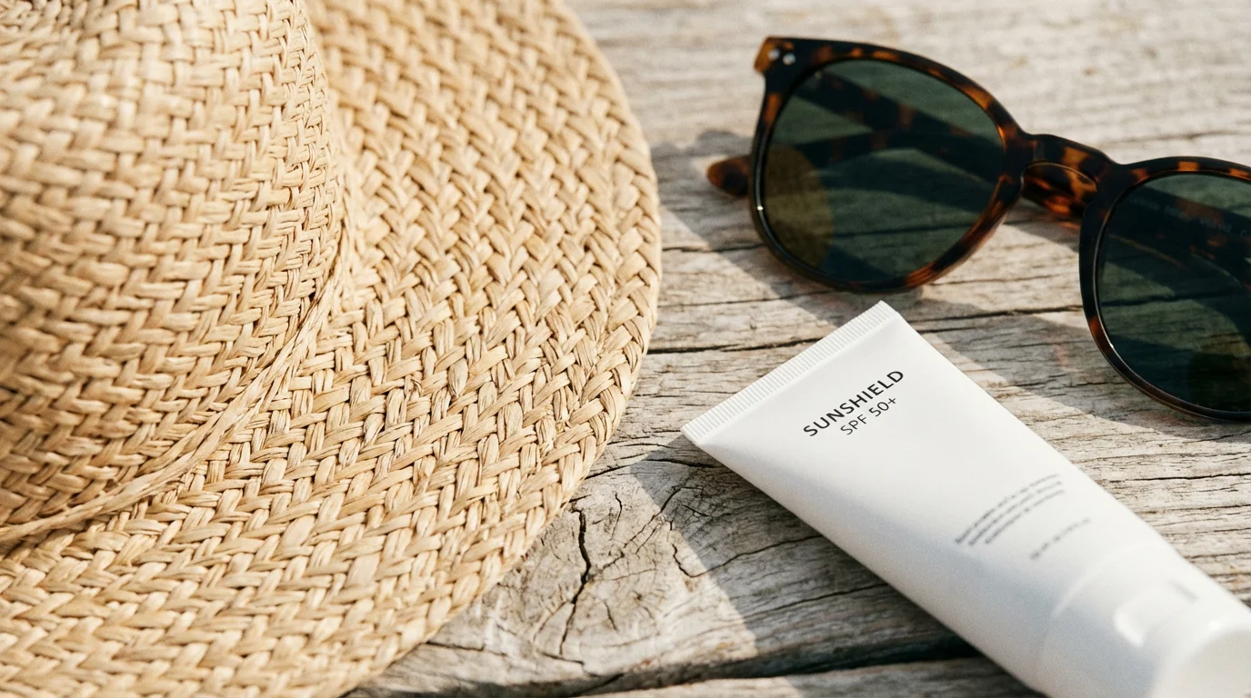 Close-up macro shot of sun protection toolkit: a straw hat, sunglasses, and sunscreen.