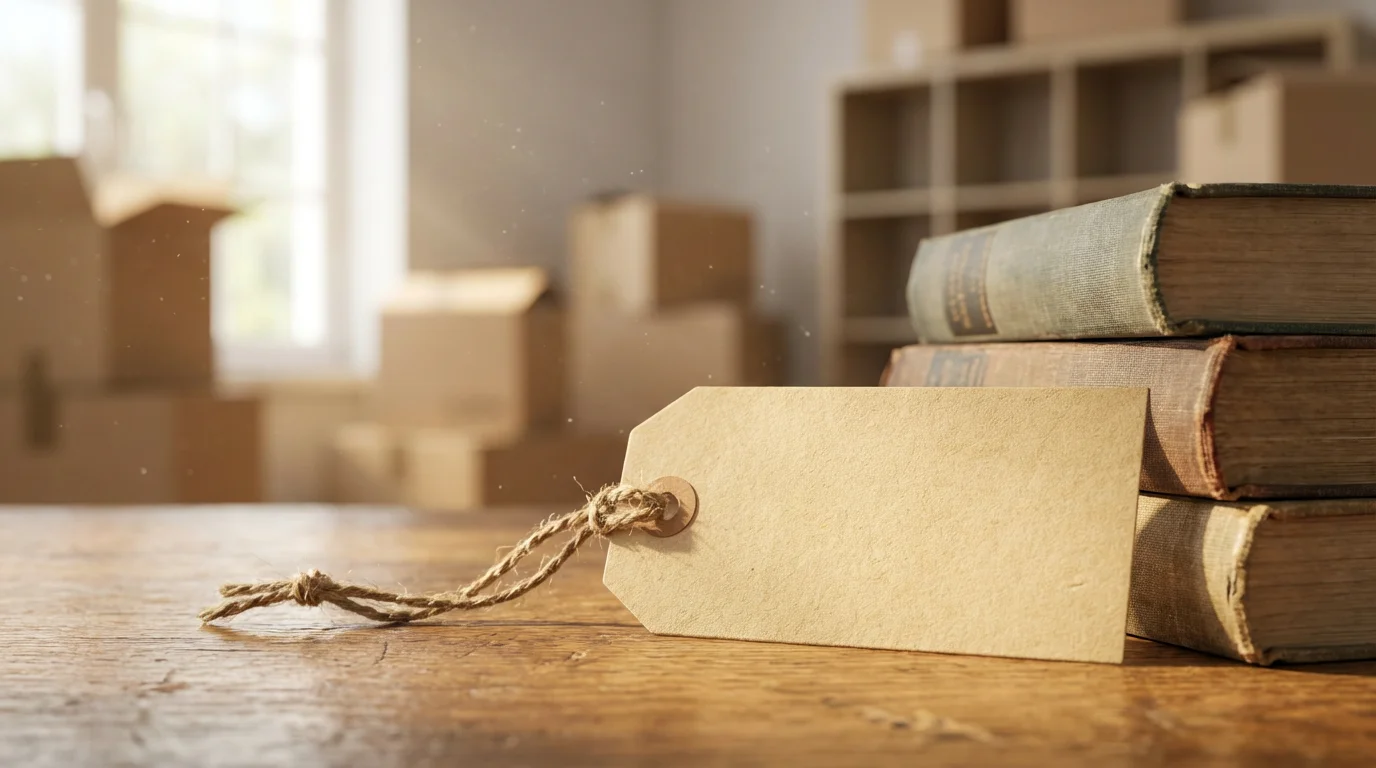 Close-up of a blank tag next to a stack of books during decluttering.