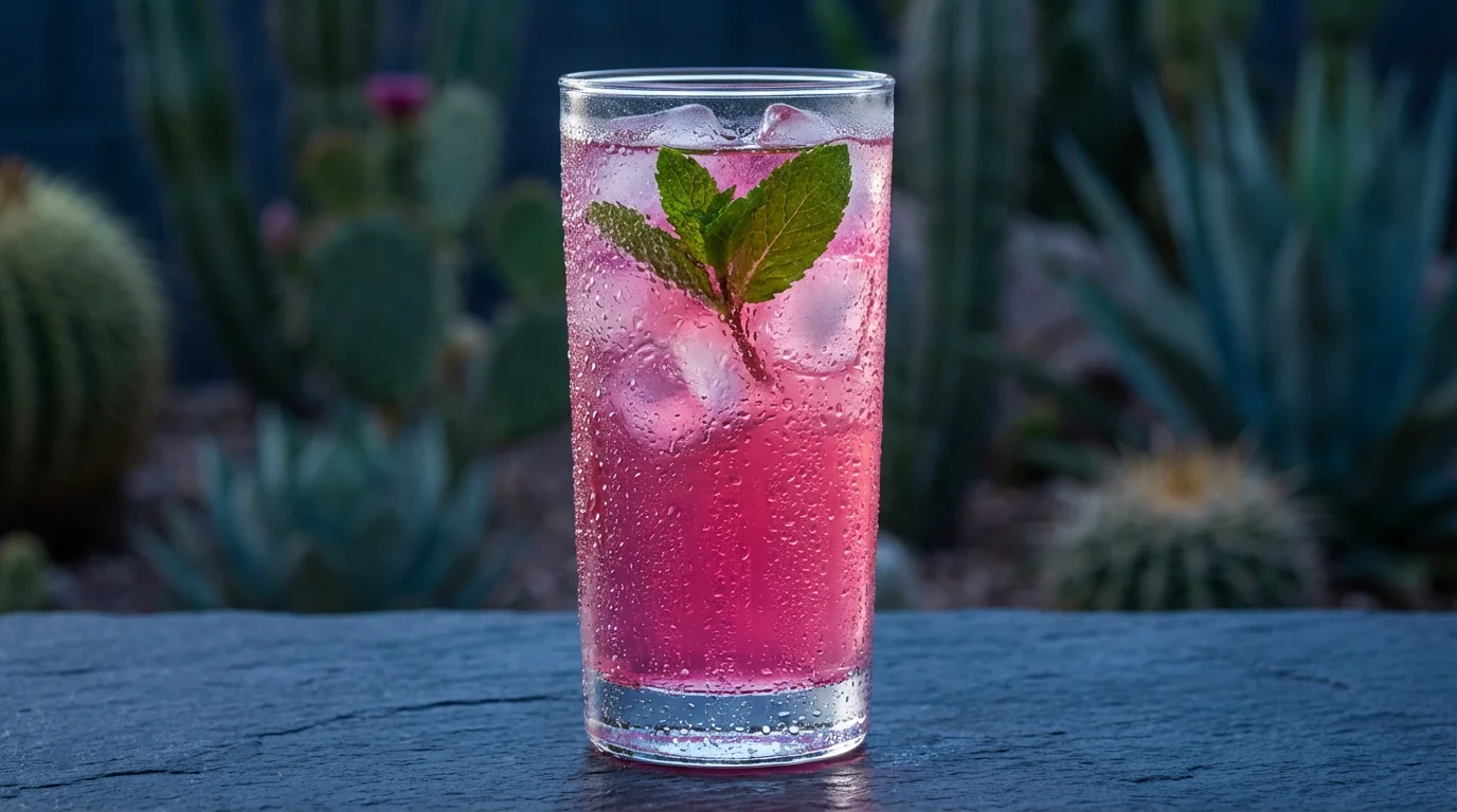 Close-up of a cold glass of prickly pear iced tea with condensation droplets.