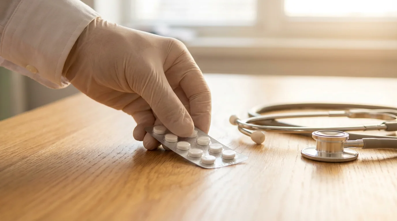 Close-up of a doctor's hand with pills and a stethoscope on a desk.