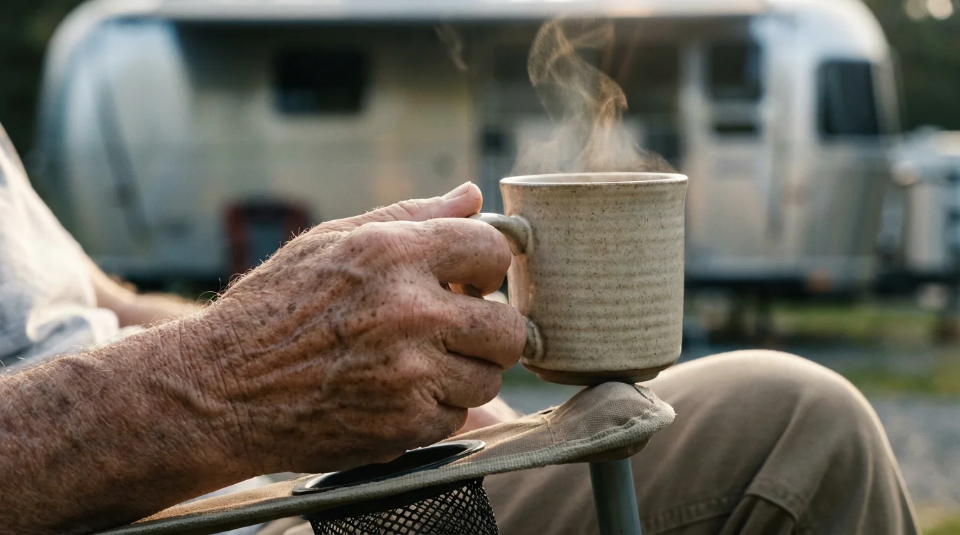 Close-up of a hand holding a coffee mug at an RV campground.