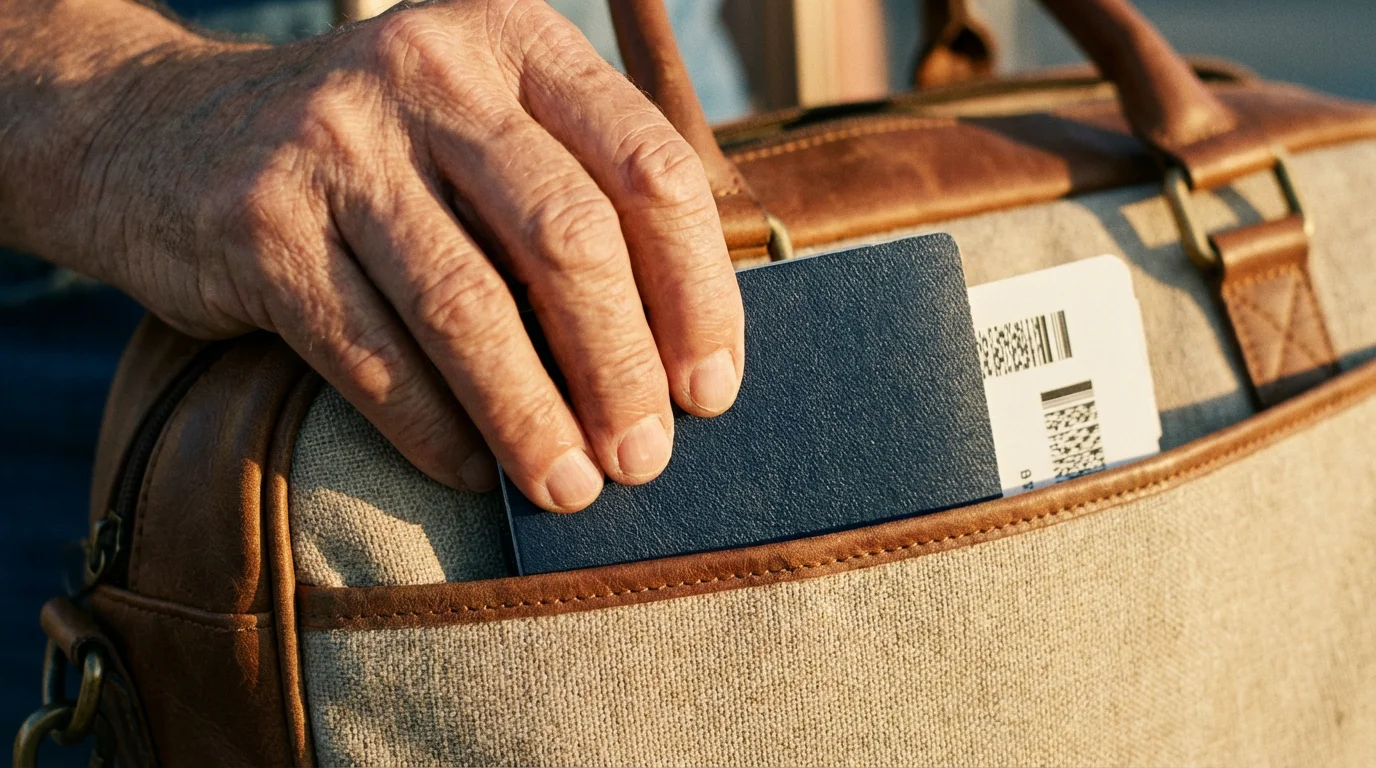 Close-up of a hand placing a generic passport and boarding pass into a carry-on bag.