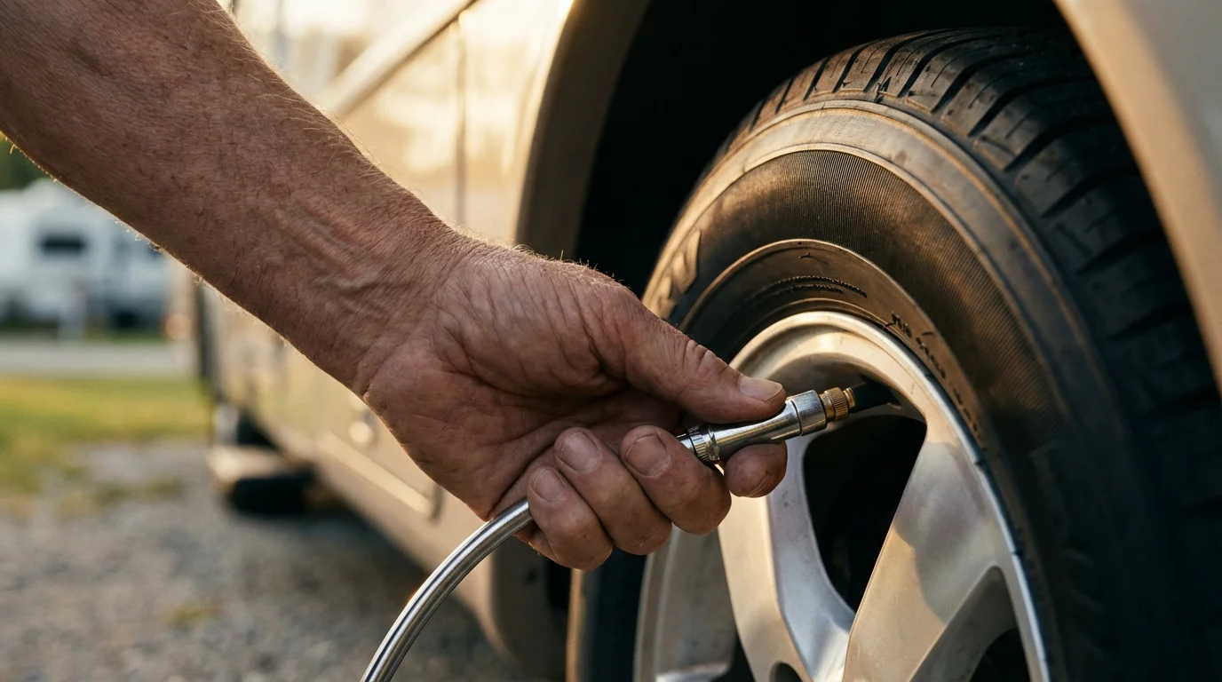 Close-up of a hand using a tire pressure gauge on an RV wheel.