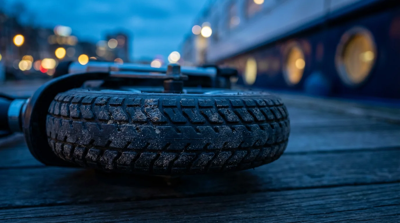 Close-up of a mobility scooter wheel with cobblestone dust on a dock at dusk.
