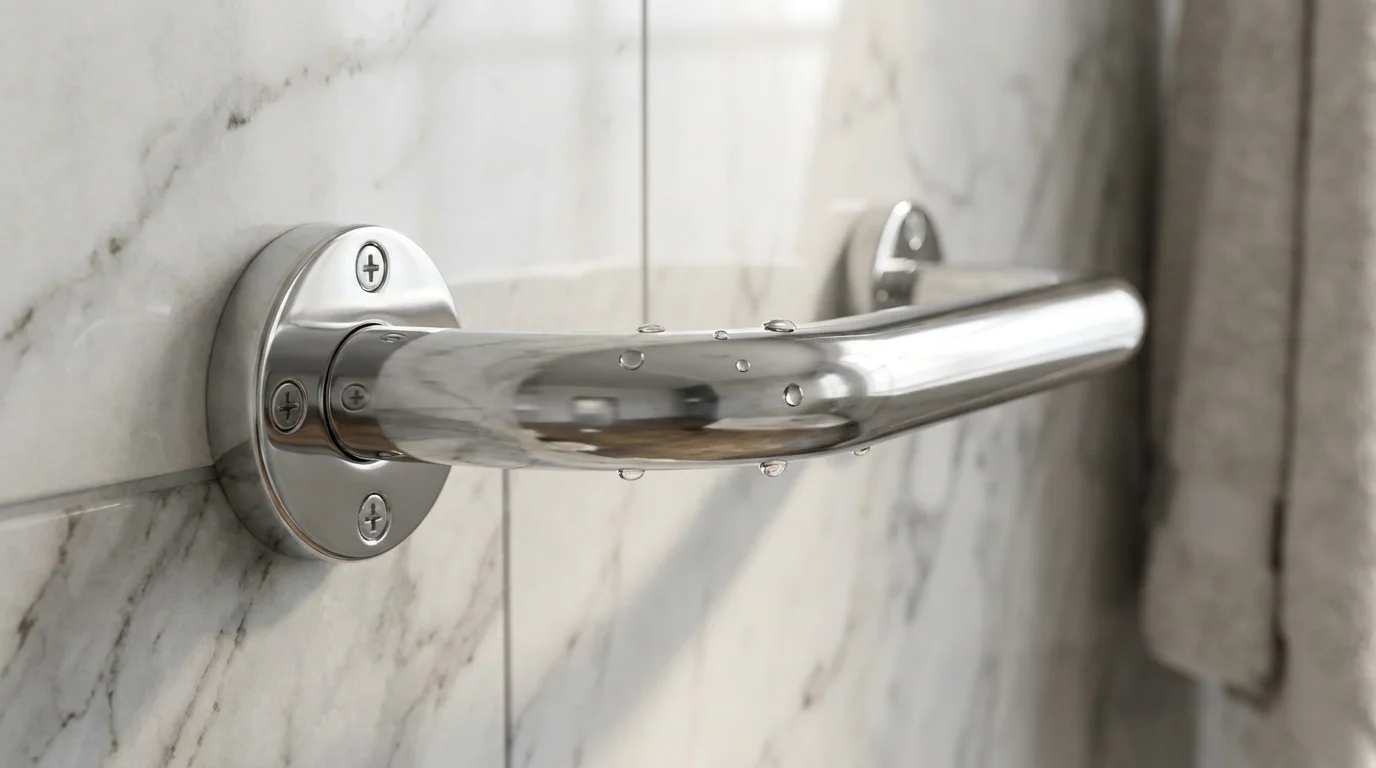 Close-up of a modern chrome safety grab bar in a luxury cruise ship bathroom.