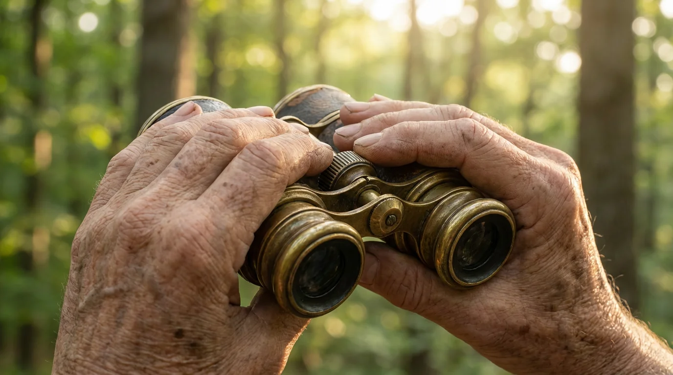 Close-up of a retiree's hands holding vintage binoculars on a nature-focused group tour.