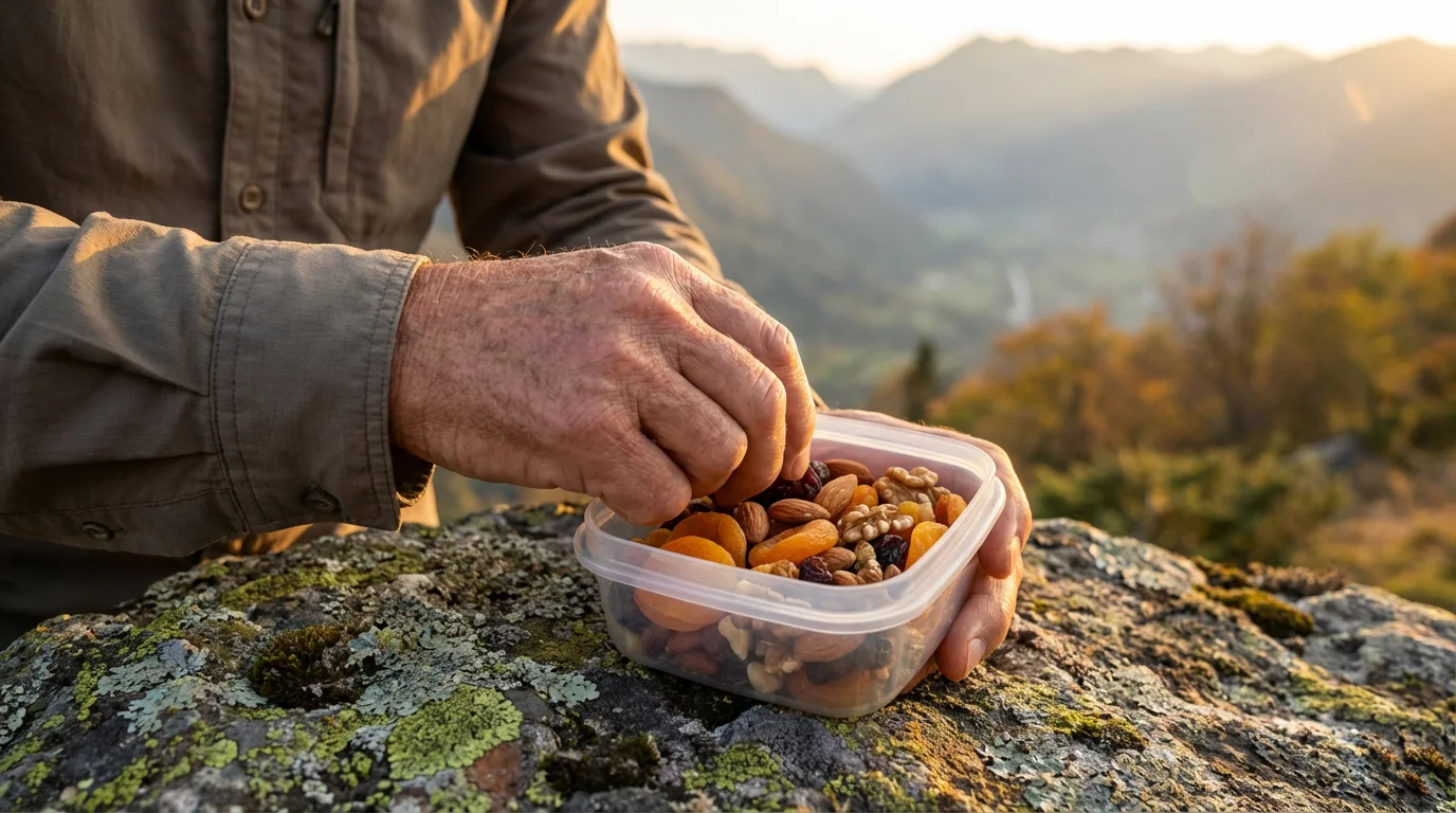 Close-up of a senior hiker's hands opening a container of trail mix outdoors.