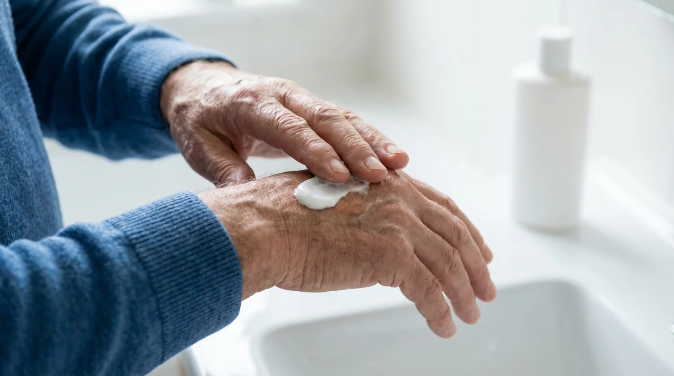 Close-up of a senior man's hands applying a thick white sunscreen lotion.