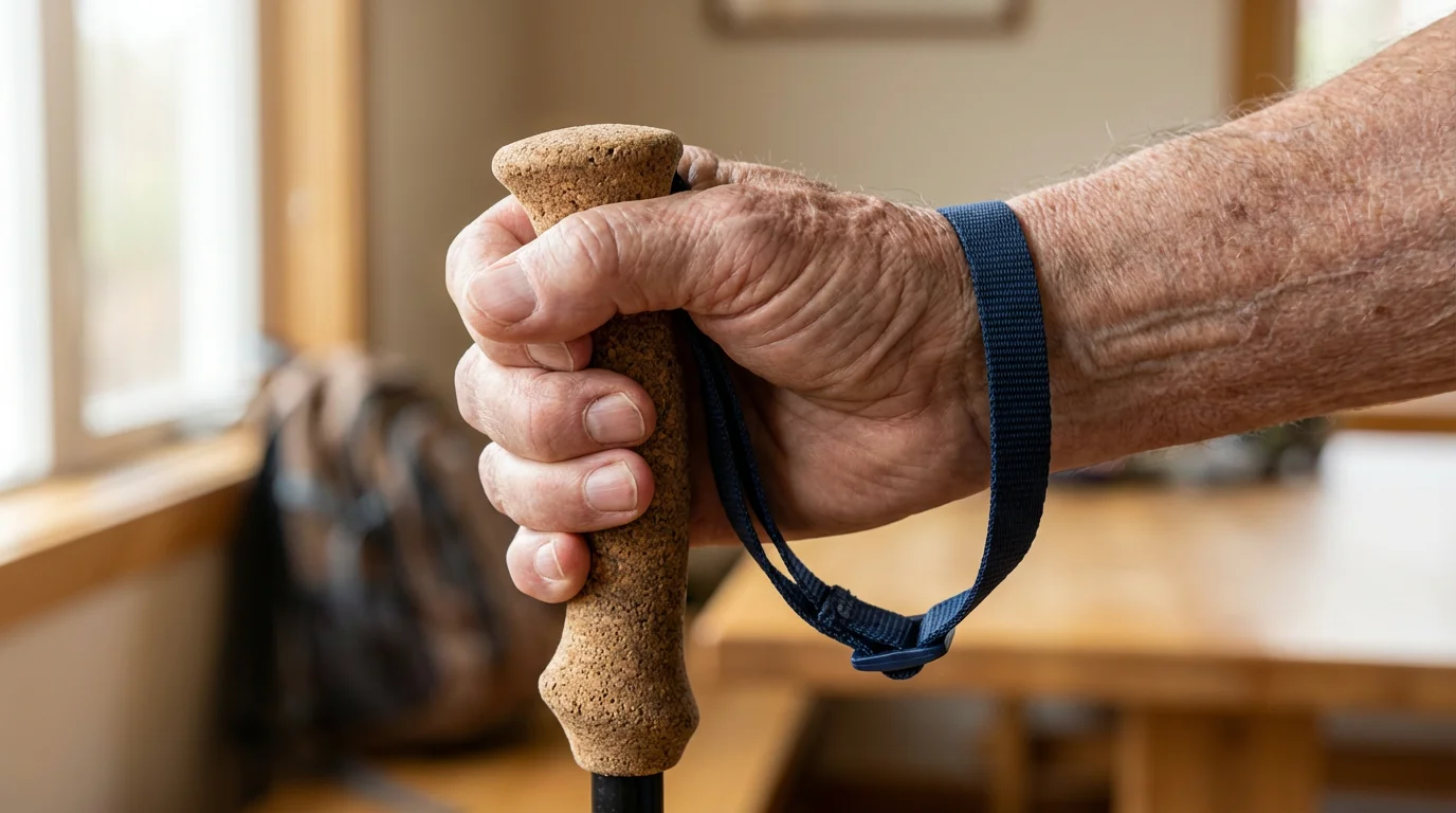 Close-up of a senior person's hand firmly holding the cork grip of a trekking pole.
