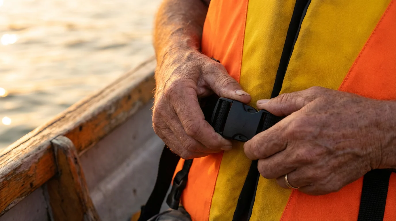 Close-up of a senior person's hands fastening the buckle on a life vest.
