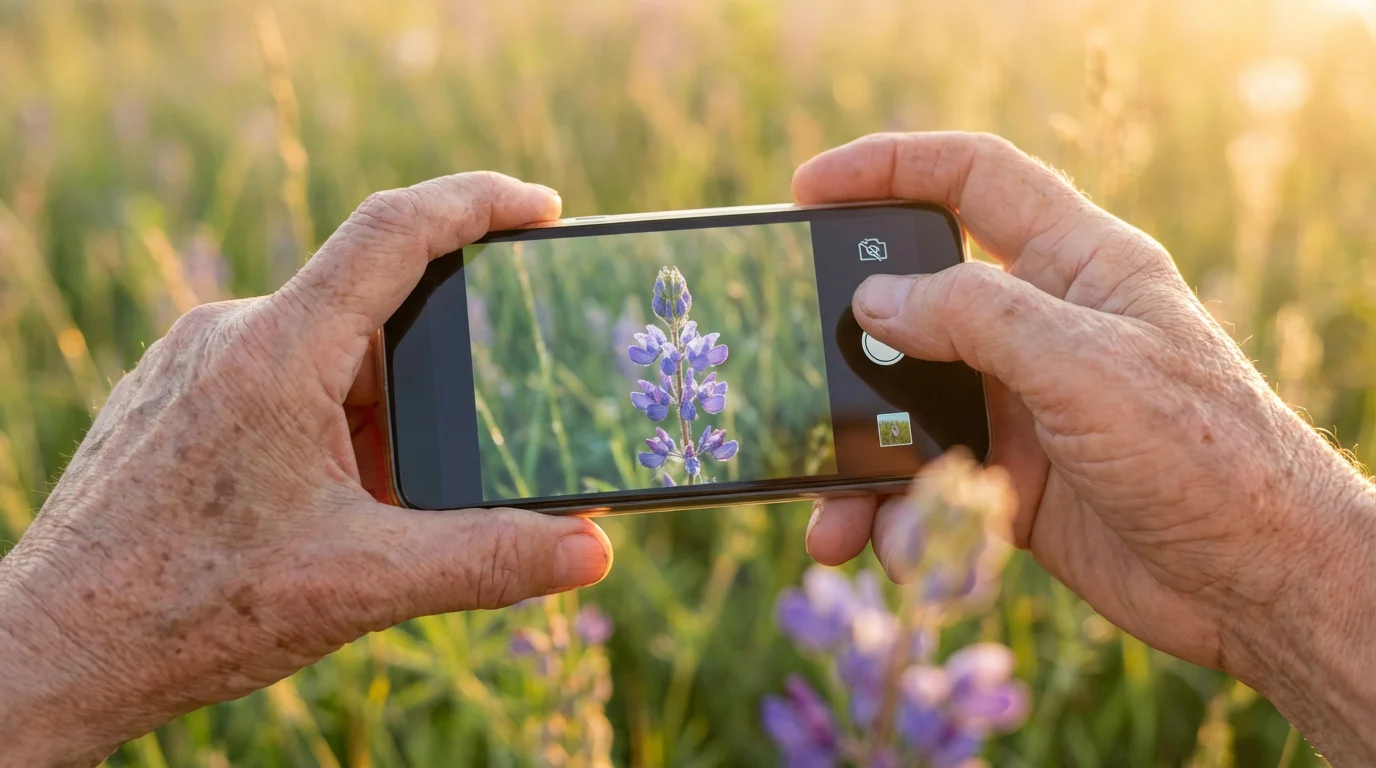 Close-up of a senior person's hands holding a smartphone to photograph a wildflower.