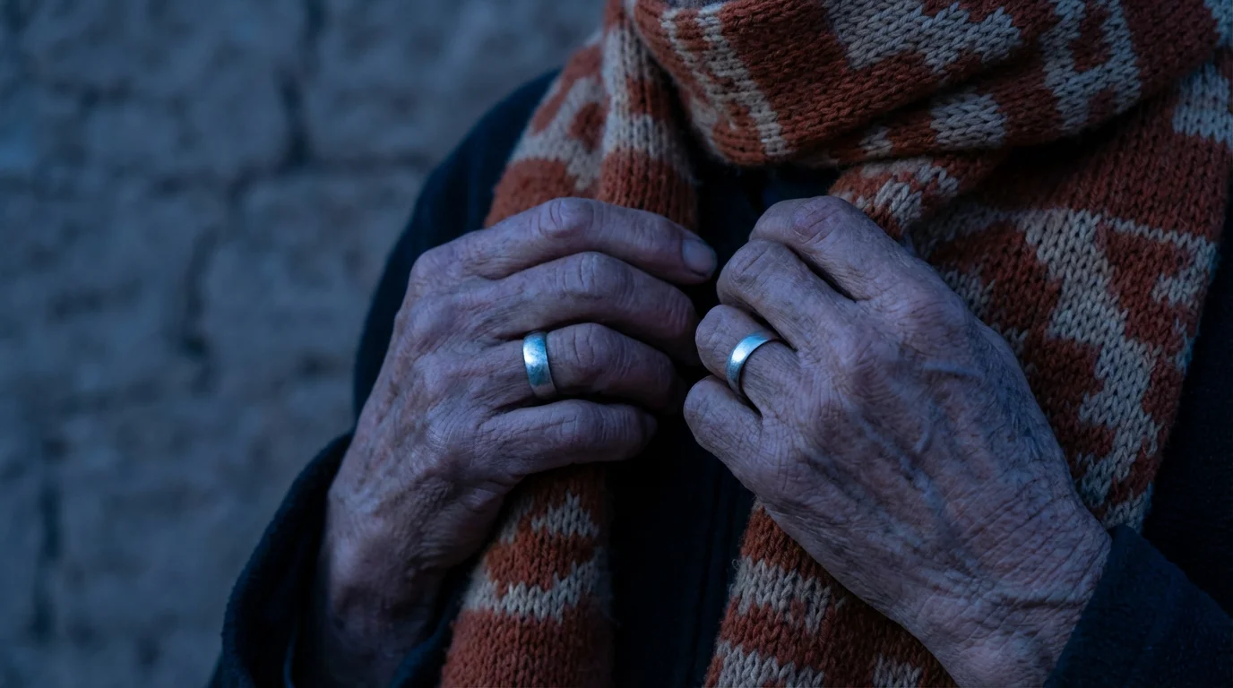 Close-up of a senior traveler's hands adjusting a warm Southwestern-patterned scarf at dusk.