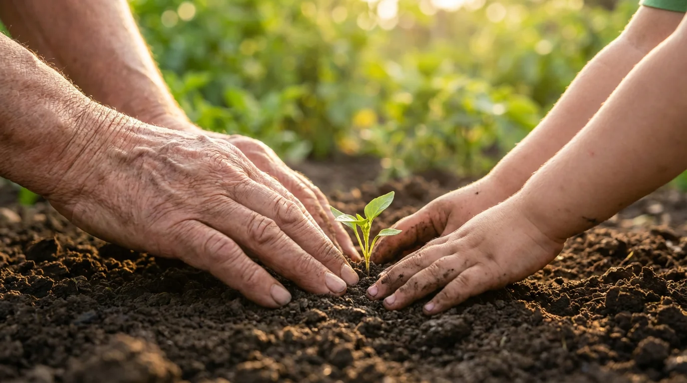 Close-up of a senior volunteer's hand and a child's hand planting a seedling together.
