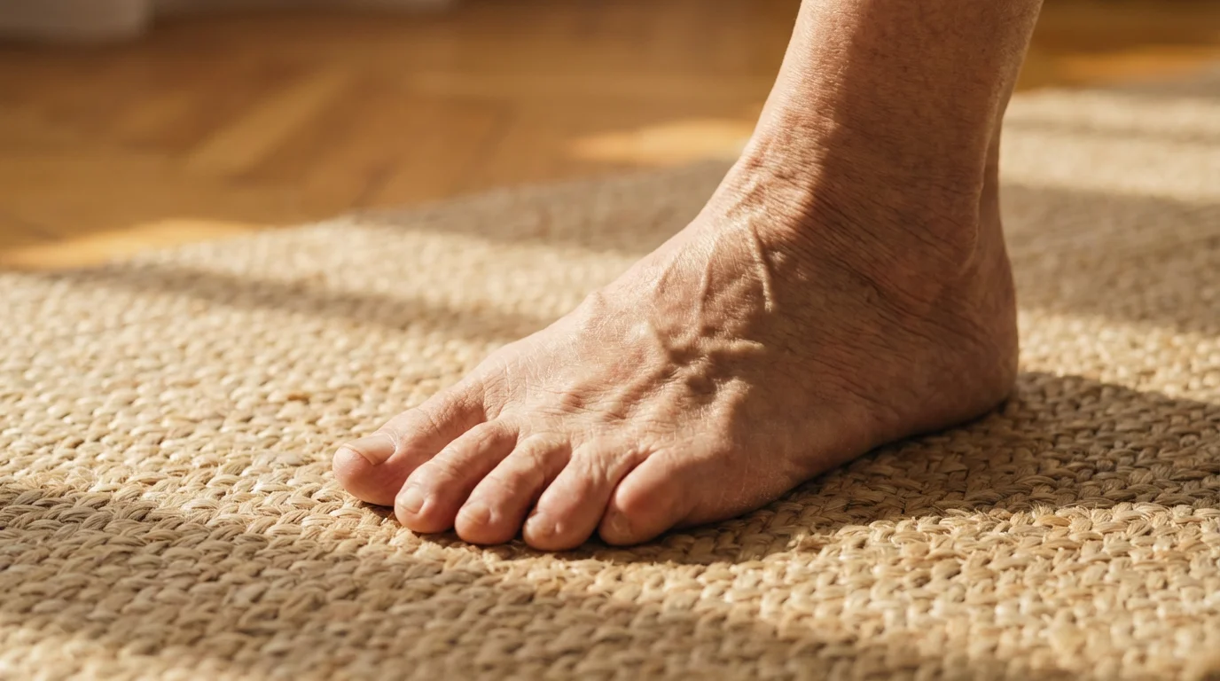Close-up of a senior's bare foot on a yoga mat during a balance exercise.