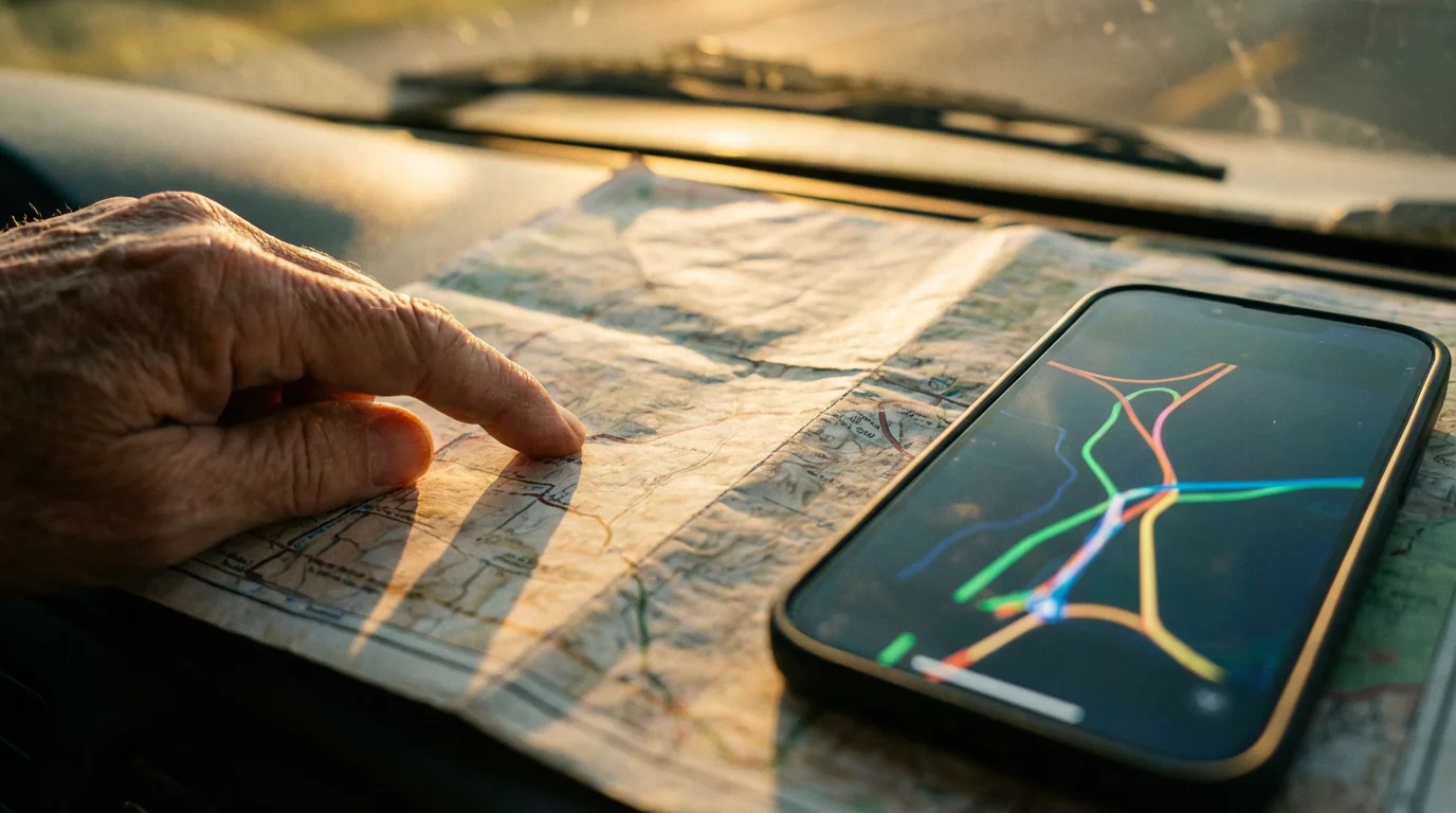 Close-up of a senior's hand comparing a GPS route on a phone to a paper map.