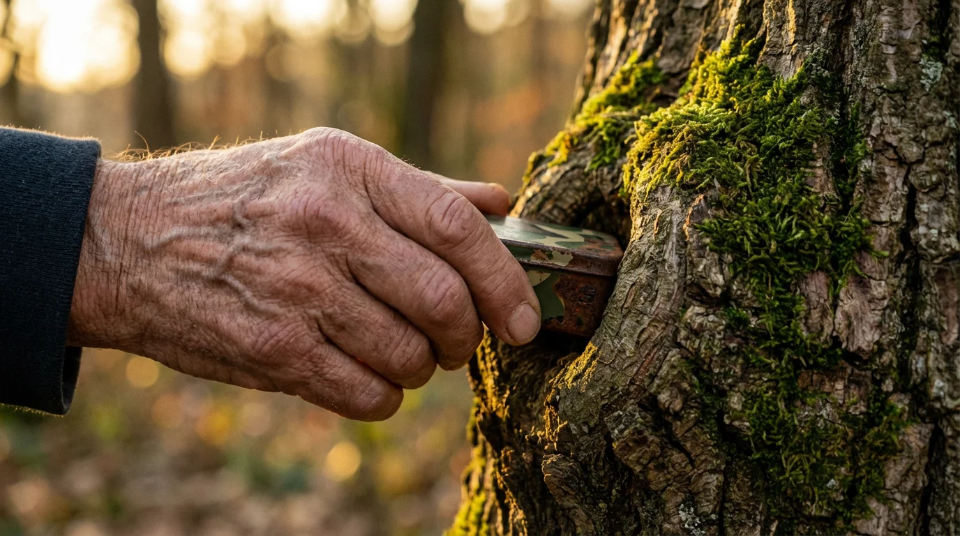 Close-up of a senior's hand discovering a hidden geocache container in a tree.