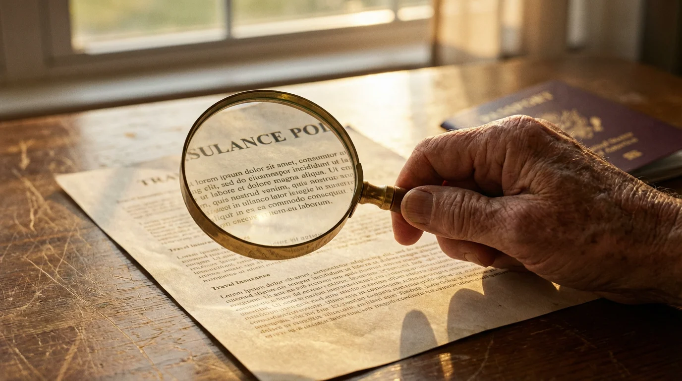 Close-up of a senior's hand holding a magnifying glass over a travel insurance document.