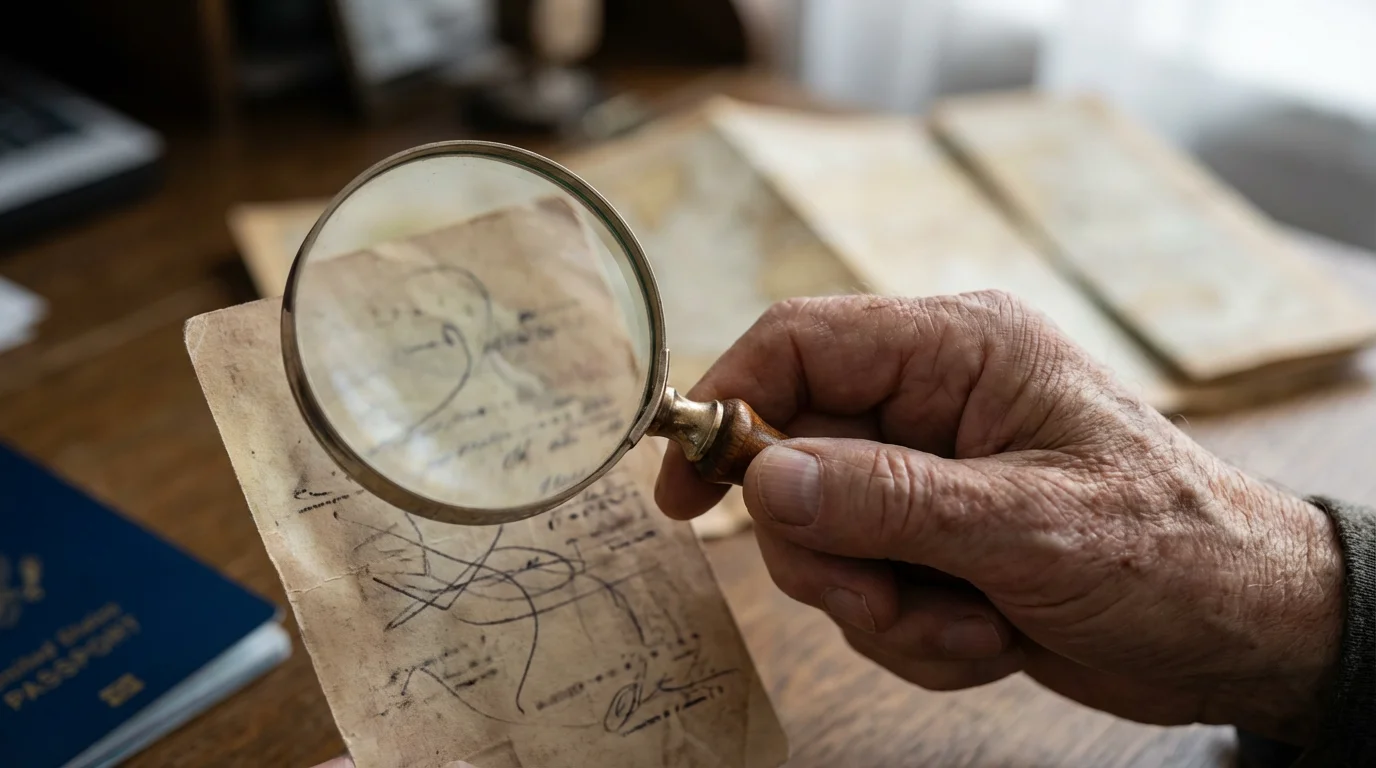 Close-up of a senior's hand holding a magnifying glass over a travel document.