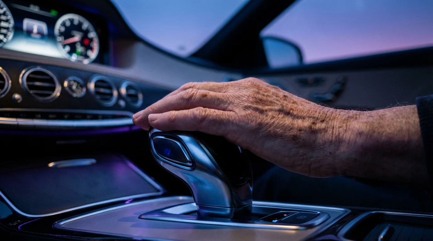 Close-up of a senior's hand on a car's gear selector at twilight.