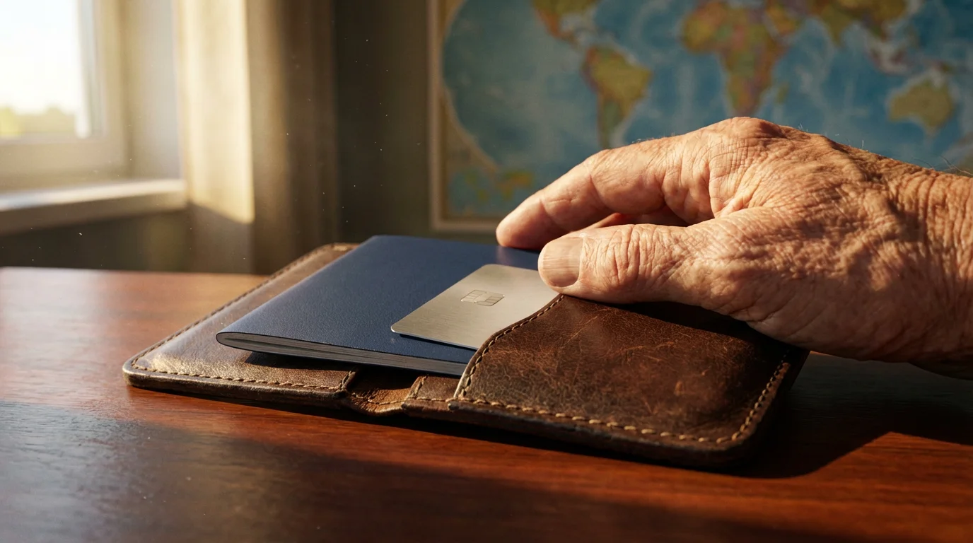 Close-up of a senior's hand on a leather wallet with a passport and credit card.