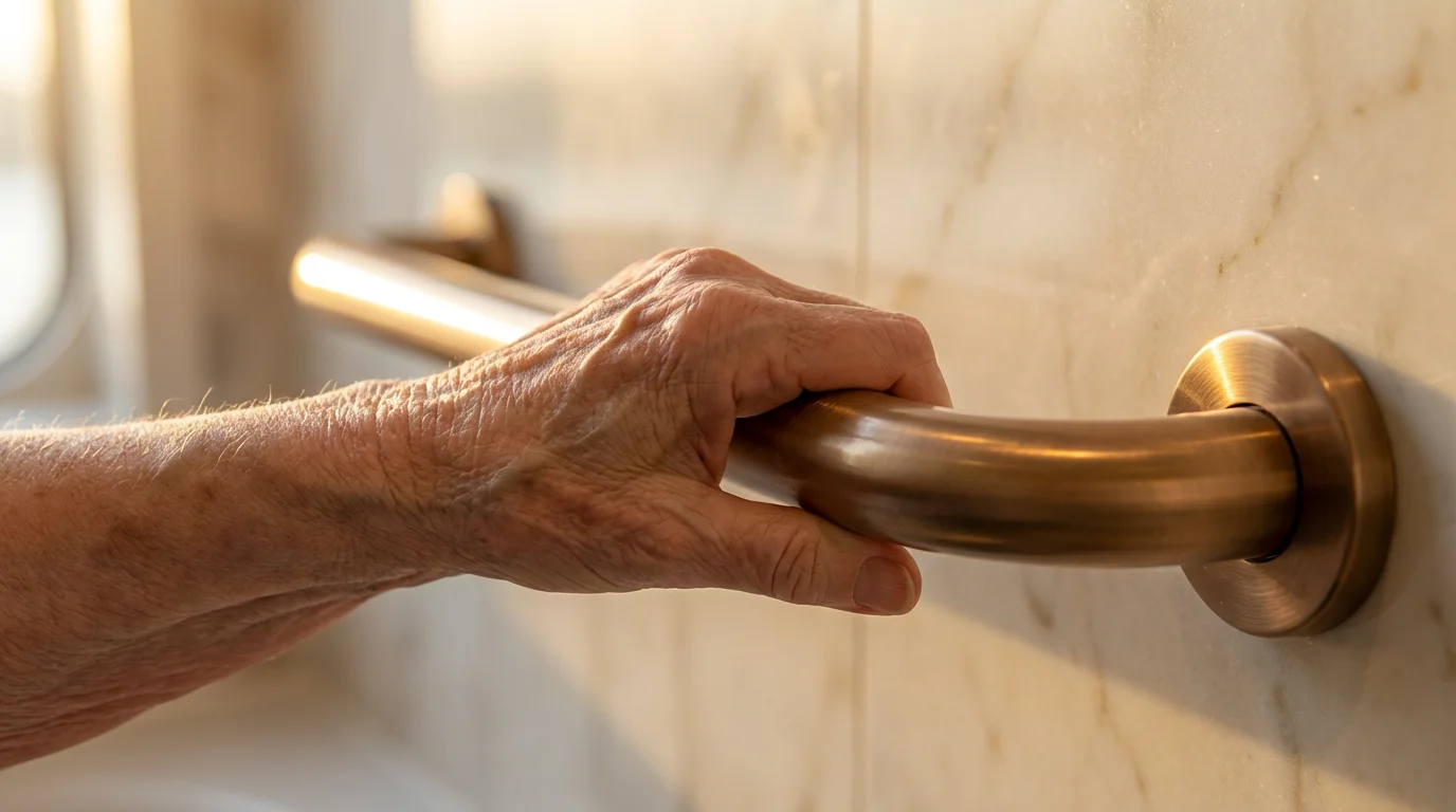 Close-up of a senior's hand on a luxury cruise ship accessibility grab bar.