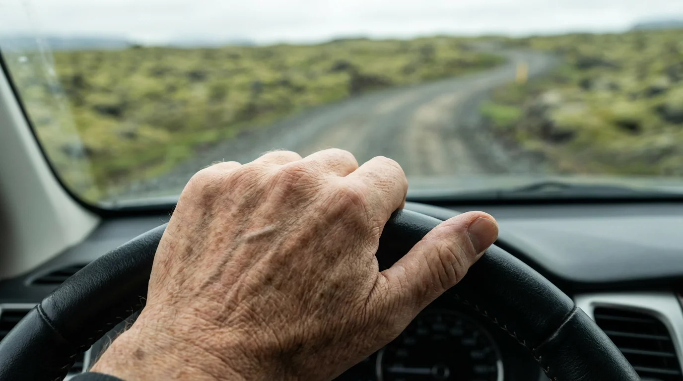 Close-up of a senior's hand on a steering wheel driving on a road in Iceland.