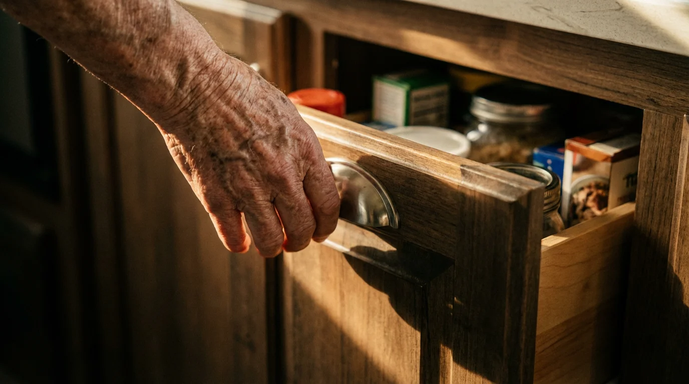 Close-up of a senior's hand opening an accessible cabinet drawer in an RV kitchen.