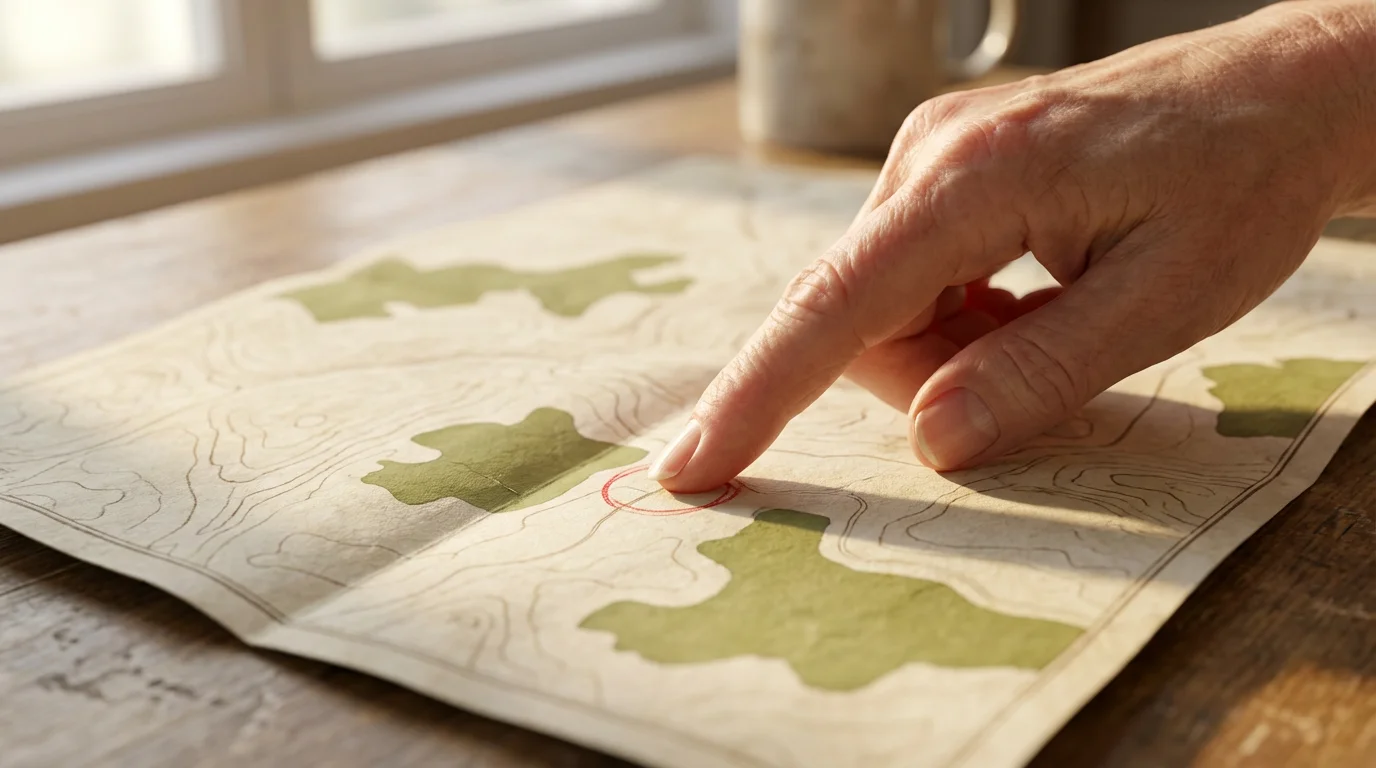Close-up of a senior's hand pointing to a marked location on a paper map.
