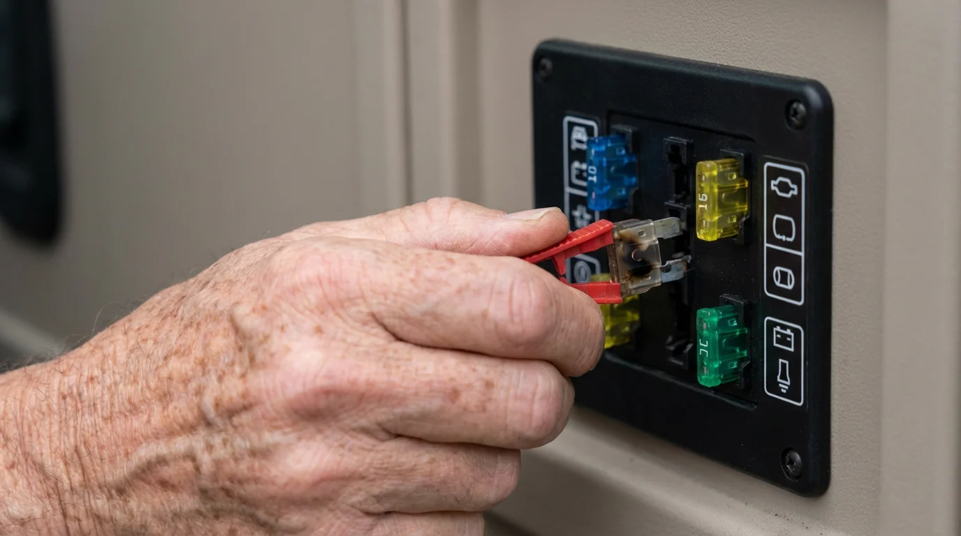 Close-up of a senior's hand safely replacing a blown fuse in an RV's fuse box.