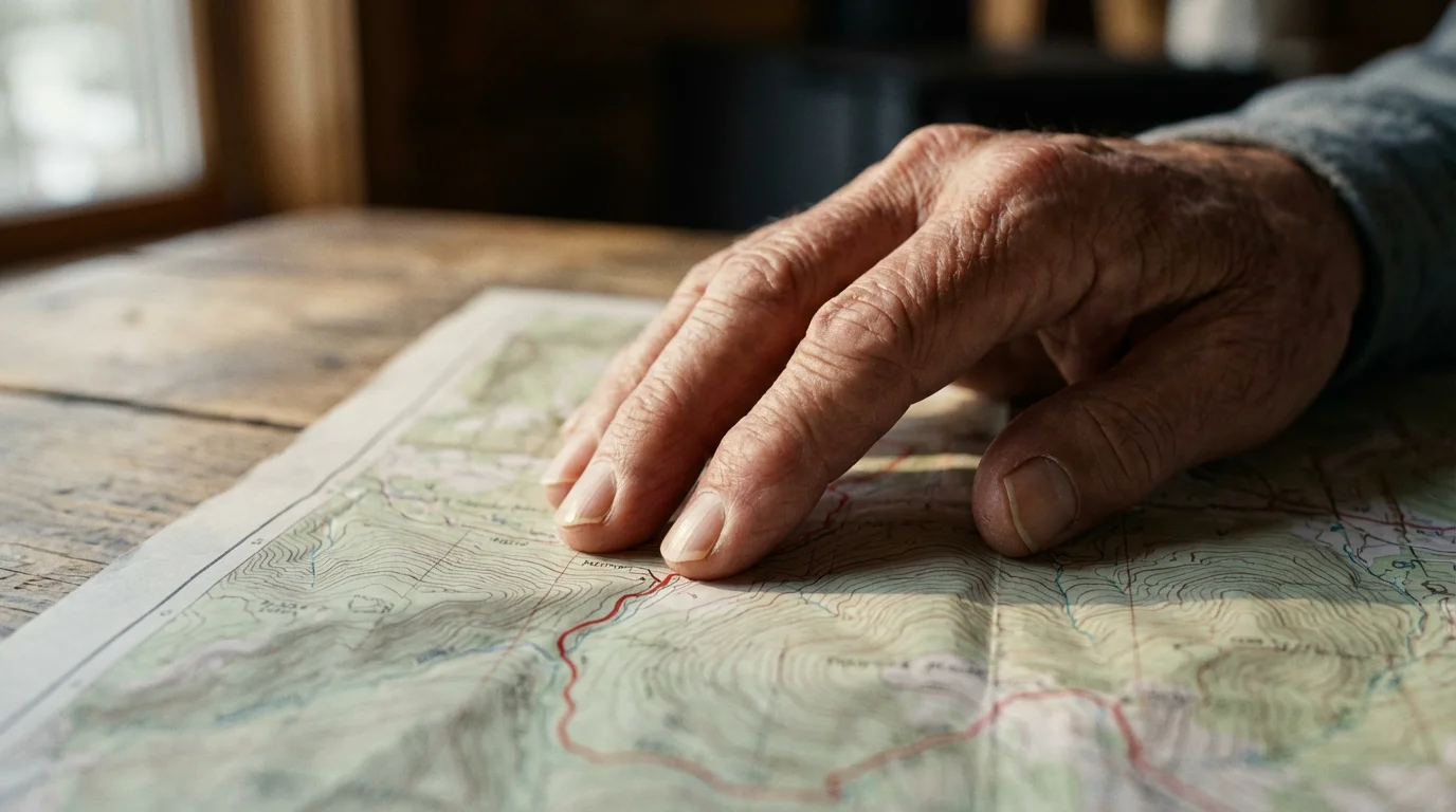 Close-up of a senior's hand tracing a route on a hiking trail map.
