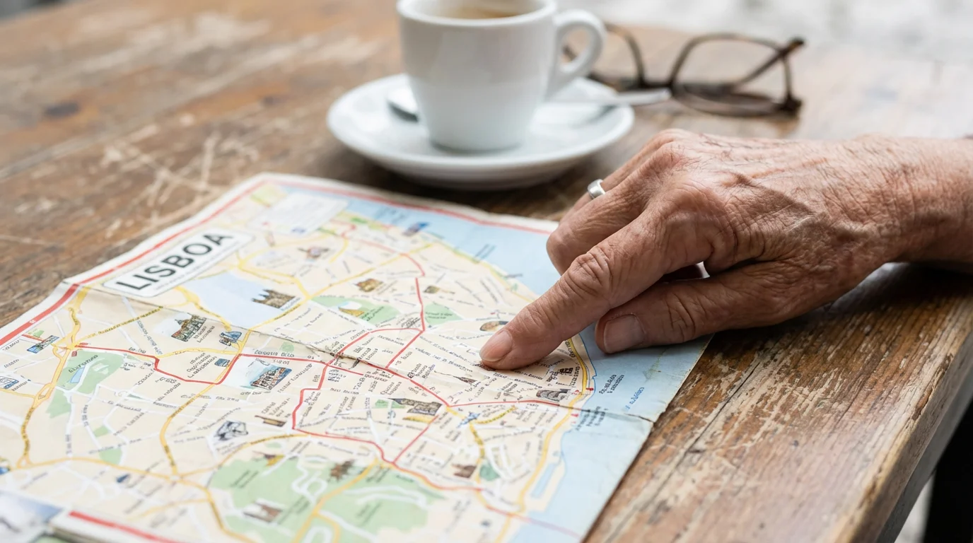 Close-up of a senior's hand tracing a route on a paper city map.
