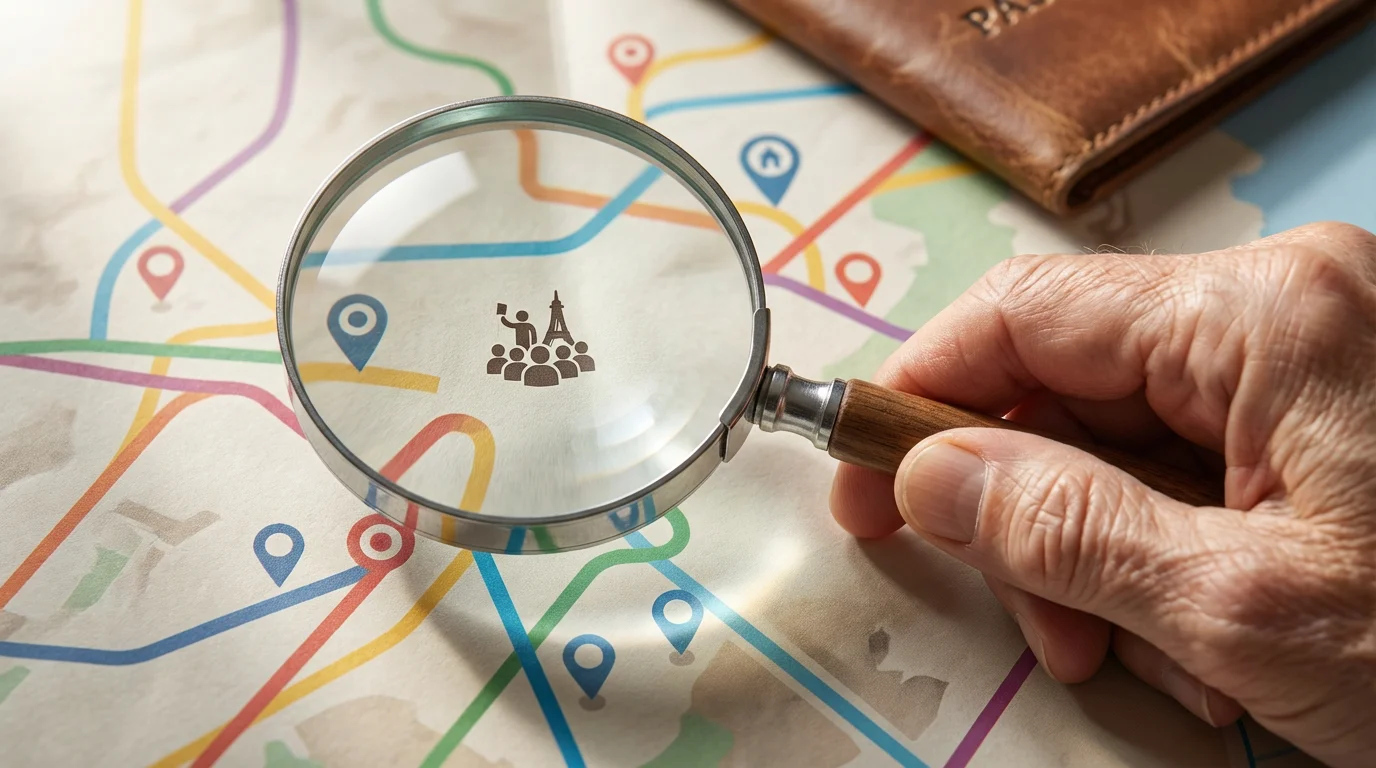 Close-up of a senior's hand using a magnifying glass to examine a travel map.