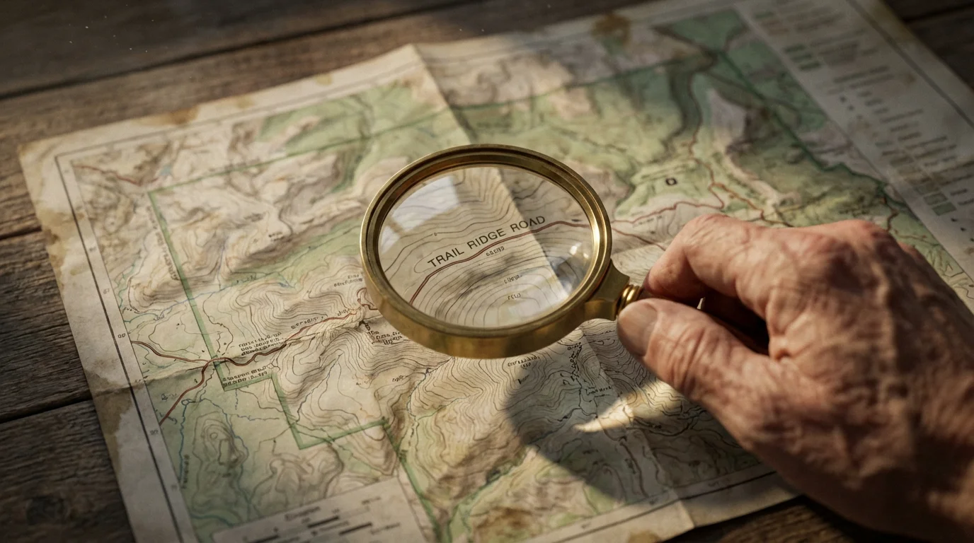 Close-up of a senior's hand with a magnifying glass examining a national park map.