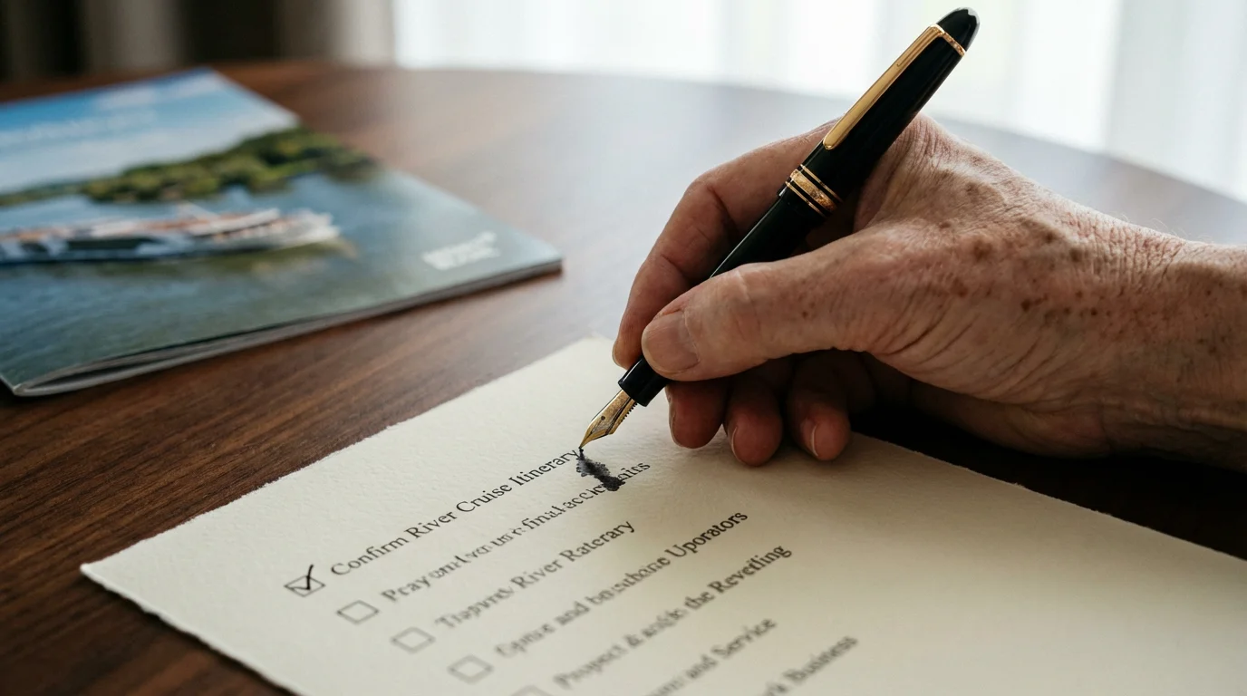 Close-up of a senior's hand with a pen checking off an item on a travel checklist.